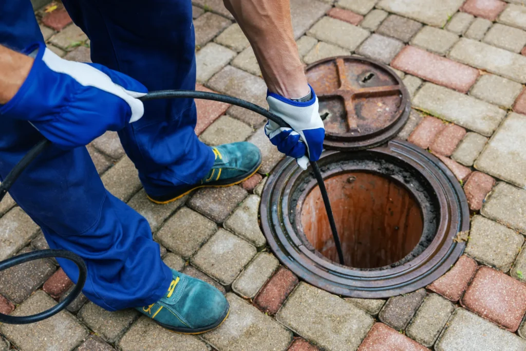 A Worker in blue overalls and gloves using a hose near an open manhole on a brick pavement in Knoxville, IL.