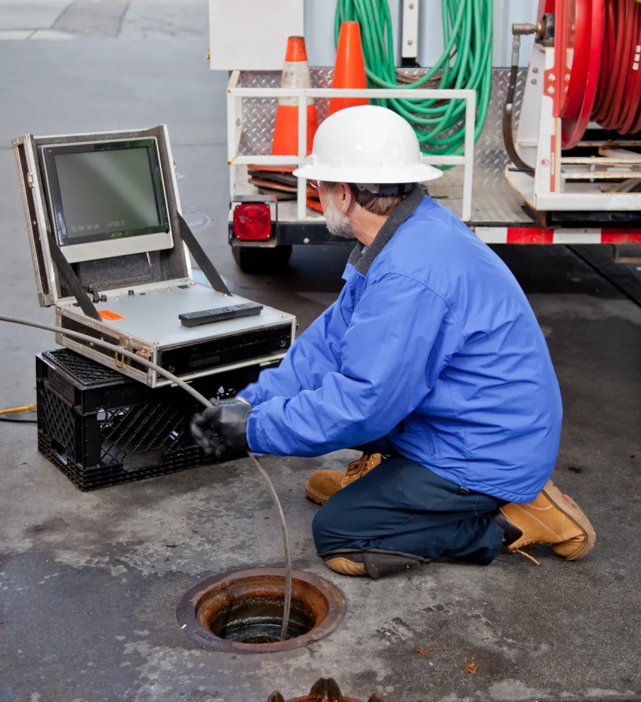 A Worker in a hard hat using equipment to inspect manhole, with a truck and cones in the background in Oneida, IL.